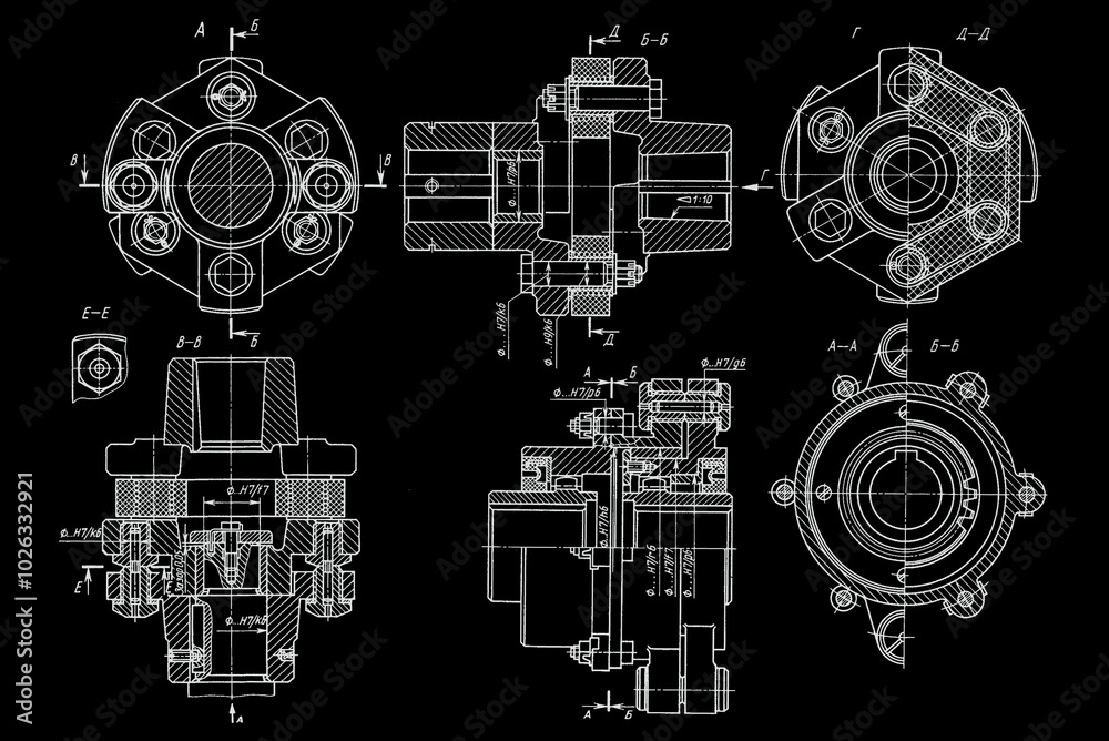 Obraz premium Scheme of machine part - coupling. Engineering automotive mechanical drawing of steel device. Industrial design on paper sheet. Technology hand drawn schematic diagram of machined building industry