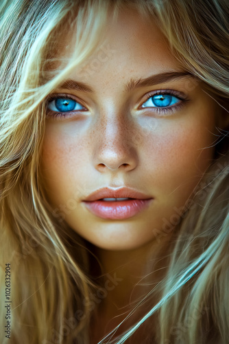 A beautiful young Slovenian woman with blonde hair and striking blue eyes.