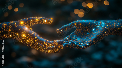 human hand rendered in vibrant blue tones, adorned with shimmering golden dots, symbolizing creativity, connection, and the blending of human expression with the universe