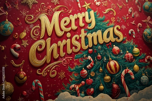Merry Christmas is written in gold letters on a red background. The background is filled with a variety of colorful ornaments, including Christmas trees, candy canes, and other festive decorations