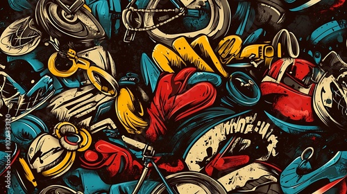 Graffiti pattern featuring BMX bikes, skateboards, and rollerblades, surrounded by bold splashes of neon paint and abstract shapes, set against a gritty urban wall,