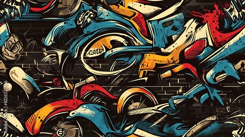 Graffiti pattern featuring BMX bikes, skateboards, and rollerblades, surrounded by bold splashes of neon paint and abstract shapes, set against a gritty urban wall, photo