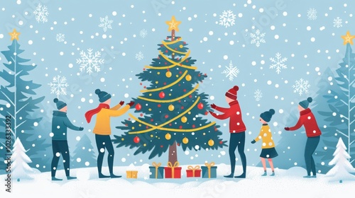 A festive scene depicting people decorating a Christmas tree in the snow, surrounded by gifts and snowflakes, capturing the joy of the holiday season. photo