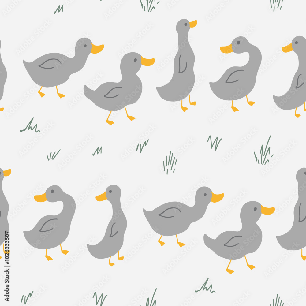 Fototapeta premium Cute Cartoon Duck Seamless Pattern, Vector Illustration Background