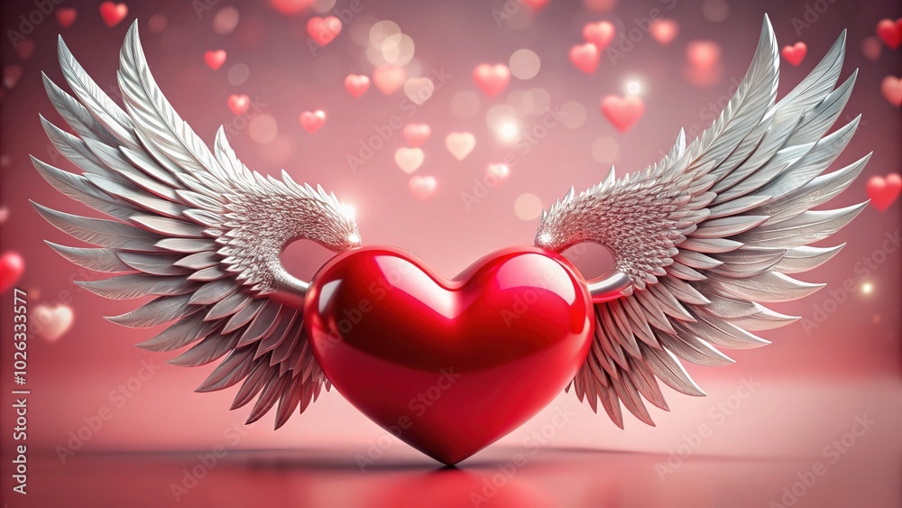 Two Red Hearts with Silver Wings on a Pink Background - Romantic Symbolism and Love Imagery Two Red Hearts with Silver Wings on a Pink Background - Romantic Symbolism and Love Imagery