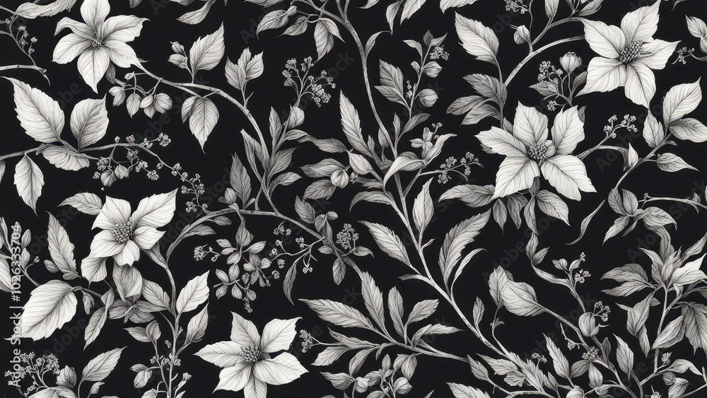 A monochromatic floral pattern featuring various flowers and leaves on a black background. A monochromatic floral pattern featuring various flowers and leaves on a black background.