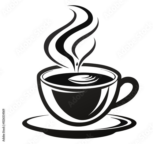 Vector illustration of a steaming cup of coffee on a saucer, realistic modern hand-drawn silhouette, and icon of hot coffee.