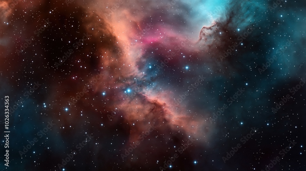 Fototapeta premium Colorful interstellar nebula with stars and cosmic dust in deep space. The image features vibrant hues of blue, orange, and pink, illustrating a stunning astronomical phenomenon.