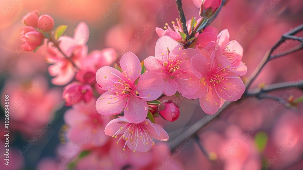 Obraz premium Close-up of pink cherry blossoms on a branch.