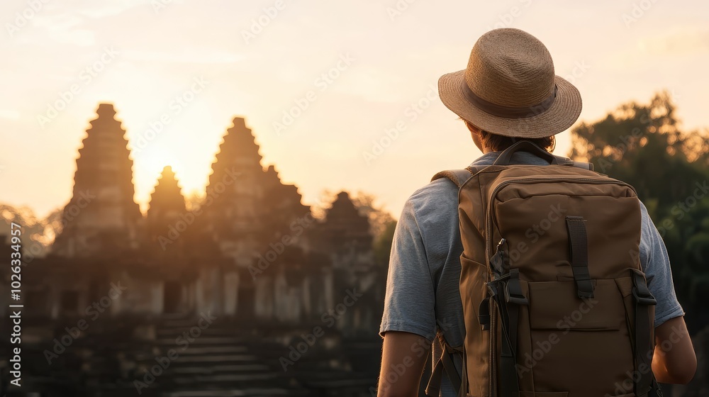 Backpacker exploring ancient ruins at sunrise, immersed in rich cultural history and adventure