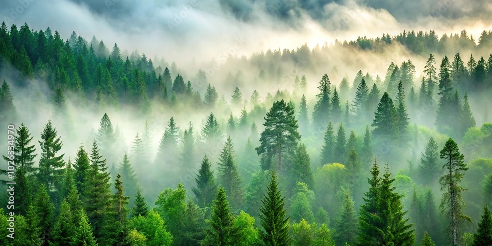 Fototapeta premium Pine forest in a foggy morning with green spruce trees background