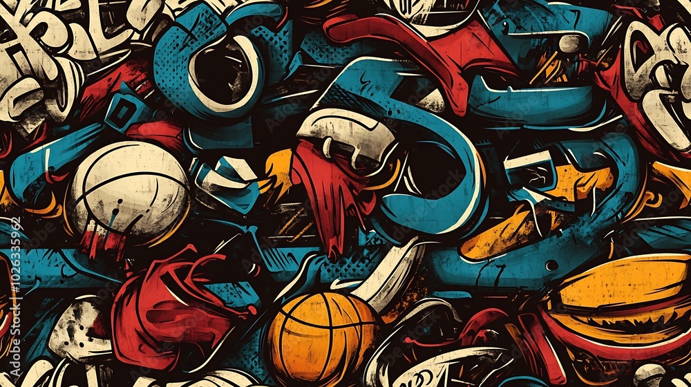 Graffiti pattern with basketballs, skateboards, and urban sports graffiti tags, intertwined with bright neon colors and abstract paint splatters, layered on a textured concrete wall, Graffiti pattern with basketballs, skateboards, and urban sports graffiti tags, intertwined with bright neon colors and abstract paint splatters, layered on a textured concrete wall,