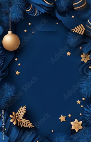 Elegant blue holiday background with golden ornaments and stars, perfect for festive occasions and seasonal celebrations.