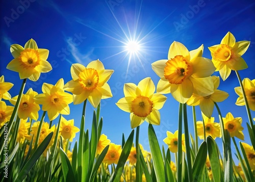 Vibrant Yellow Daffodil Flowers Blooming in Spring Under a Clear Blue Sky