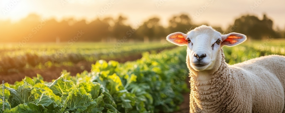Scenic pasture with sheep, bordered by rows of organic vegetable crops, traditional rural farm concept Scenic pasture with sheep, bordered by rows of organic vegetable crops, traditional rural farm concept