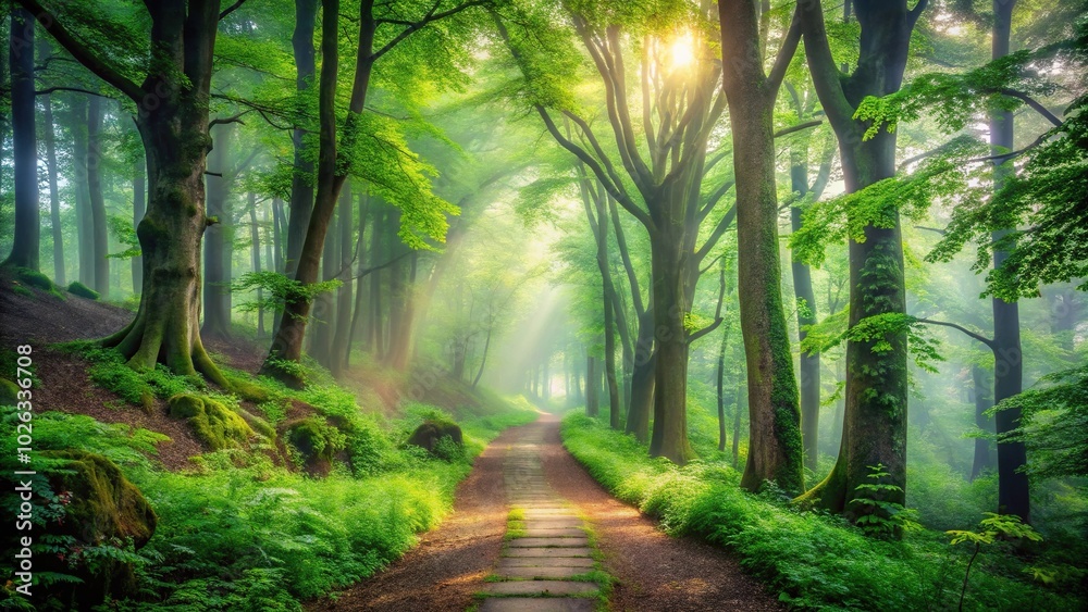 Obraz premium Mystical forest pathway during morning mist, serene green nature