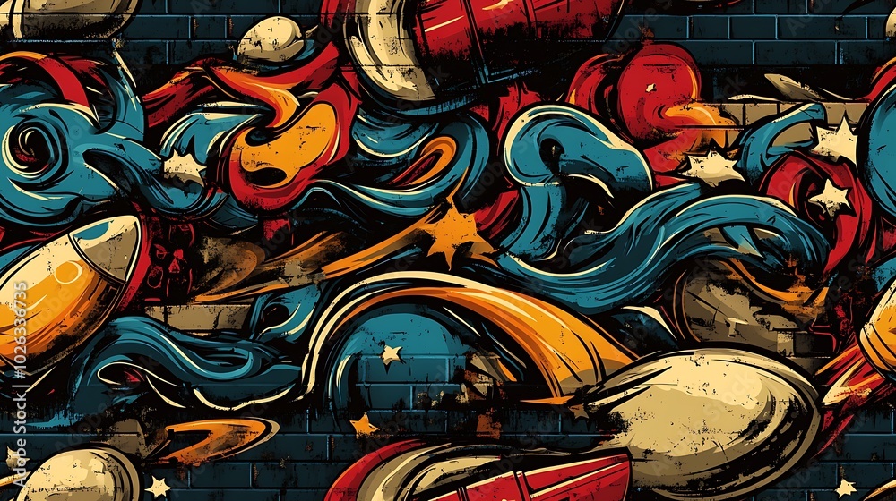 Graffiti pattern with bright planets, rocket ships, and cosmic waves, intertwined with vibrant neon colors and glowing effects, layered on a distressed urban wall, Graffiti pattern with bright planets, rocket ships, and cosmic waves, intertwined with vibrant neon colors and glowing effects, layered on a distressed urban wall,