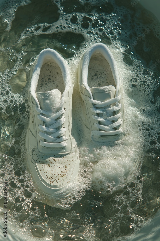 Closeup of pair of white shoes sneakers wash in water and foam. Dirty or clean footwear