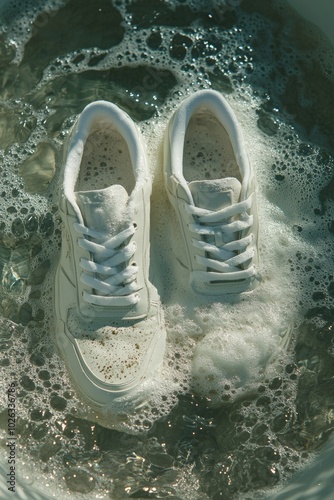 Closeup of pair of white shoes sneakers wash in water and foam. Dirty or clean footwear