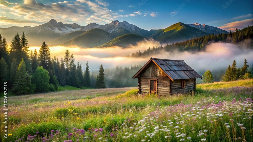 Fototapeta premium Rustic wooden cabin in wildflower field with misty forested mountains in distance