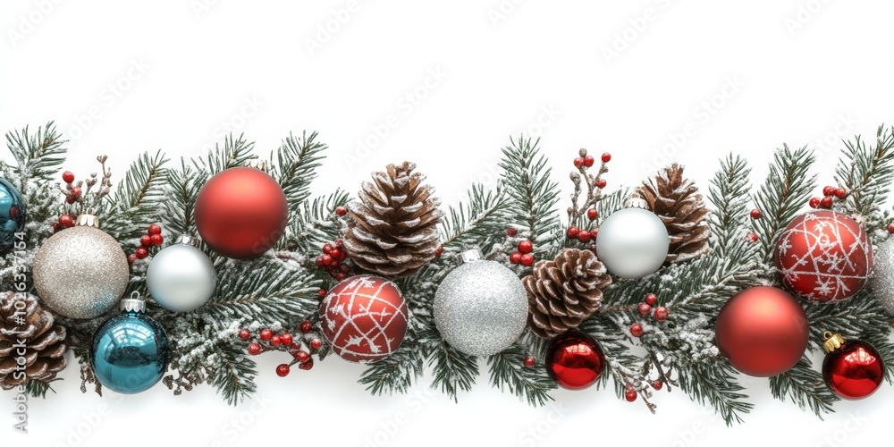 Extra wide Christmas border with fir branches, red and silver baubles, pine cones Extra wide Christmas border with fir branches, red and silver baubles, pine cones