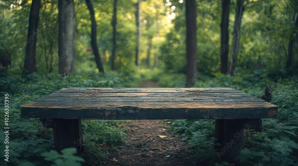 wooden table set in the midst of a lush green forest surrounded by tall trees the blurred background emphasizes the tranquility and beauty of nature inviting a sense of calm wooden table set in the midst of a lush green forest surrounded by tall trees the blurred background emphasizes the tranquility and beauty of nature inviting a sense of calm
