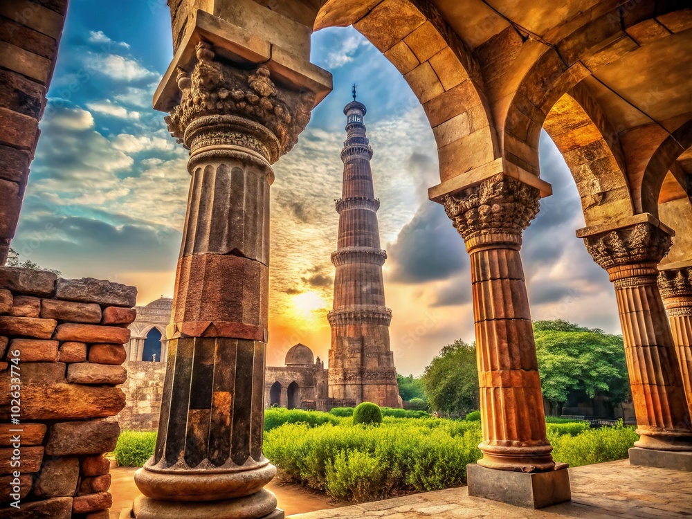 Fototapeta premium Vintage Style Photography of Intricate Carving Pillars at Qutub Minar, Delhi - Architectural Heritage and Historical Significance