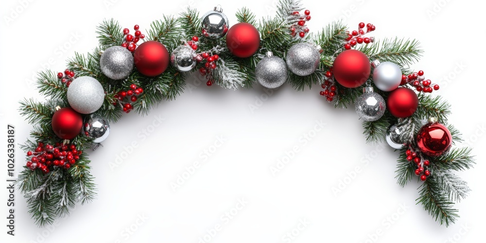 Wide arch shaped Christmas border isolated on white, composed of fresh fir branches and ornaments in red and silver
