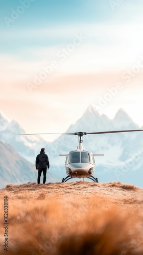 Private helicopter landing on a mountain peak, travelers stepping out to explore the breathtaking alpine views photo