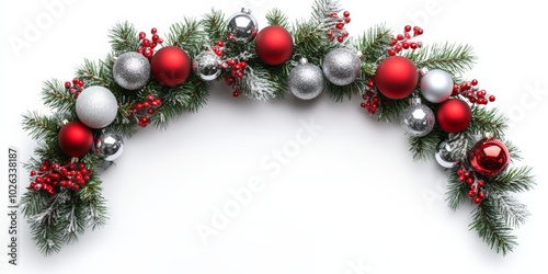 Obraz na płótnie Wide arch shaped Christmas border isolated on white, composed of fresh fir branches and ornaments in red and silver w salonie