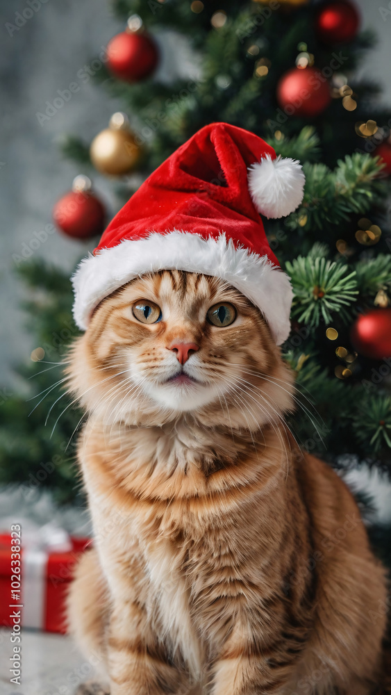 Cat in Santa Claus hat. Cat in Santa hat on blurred Christmas tree decorated home background with copy space. Modern concept for celebrating Christmas and New Year