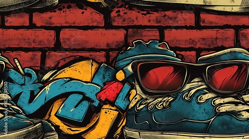 Graffiti pattern with stylish high-top sneakers, streetwear caps, and angular sunglasses, intertwined with graffiti tags and splashes of neon color, layered on a gritty brick wall, photo