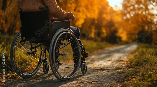 A man in a wheelchair enjoying a walk in an autumn park. The sunlight softly illuminates the golden leafed trees in the background, creating a warm atmosphere.