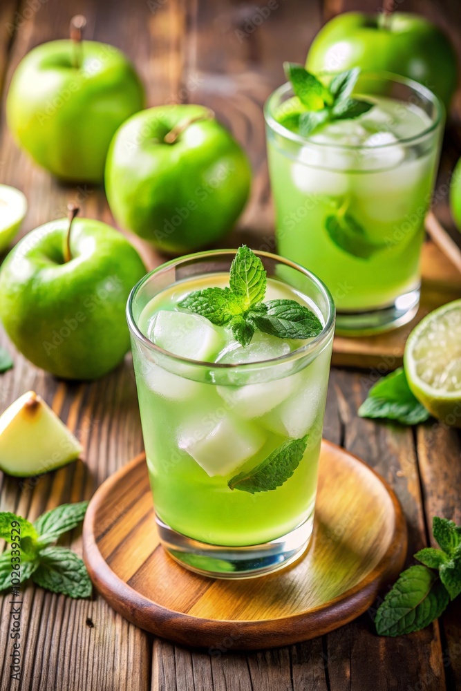 Fototapeta premium Refreshingly minty green apple lemonade served in glass