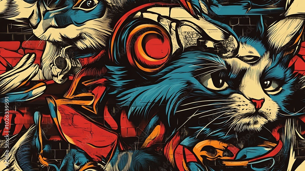 Obraz premium Graffiti-inspired pattern featuring cats with mischievous expressions, energetic dogs, and fluttering birds, surrounded by vivid colors and glowing neon accents,