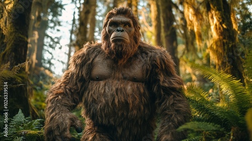 A large, furry, brown gorilla stands in a forest