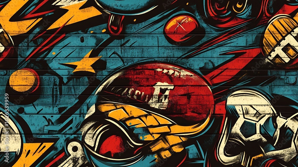 Obraz premium Graffiti-inspired pattern featuring footballs, rollerblades, and soccer goals, surrounded by vibrant brushstrokes and dynamic shapes, spray-painted on a distressed wall,