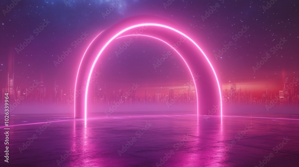 A Futuristic Cityscape with a Glowing Pink Arc A Futuristic Cityscape with a Glowing Pink Arc