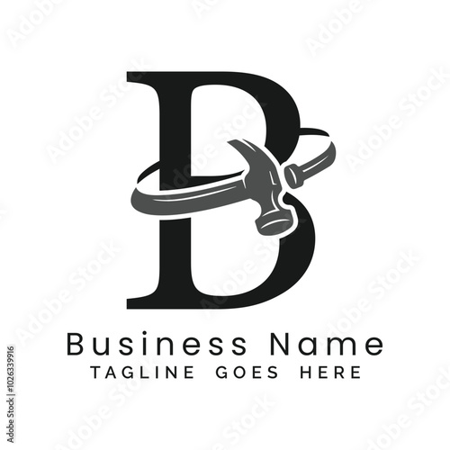 B Letter logo construction vector for woodworking company. Alphabet B hammer template illustration