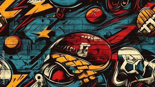 Graffiti-inspired pattern featuring footballs, rollerblades, and soccer goals, surrounded by vibrant brushstrokes and dynamic shapes, spray-painted on a distressed wall,