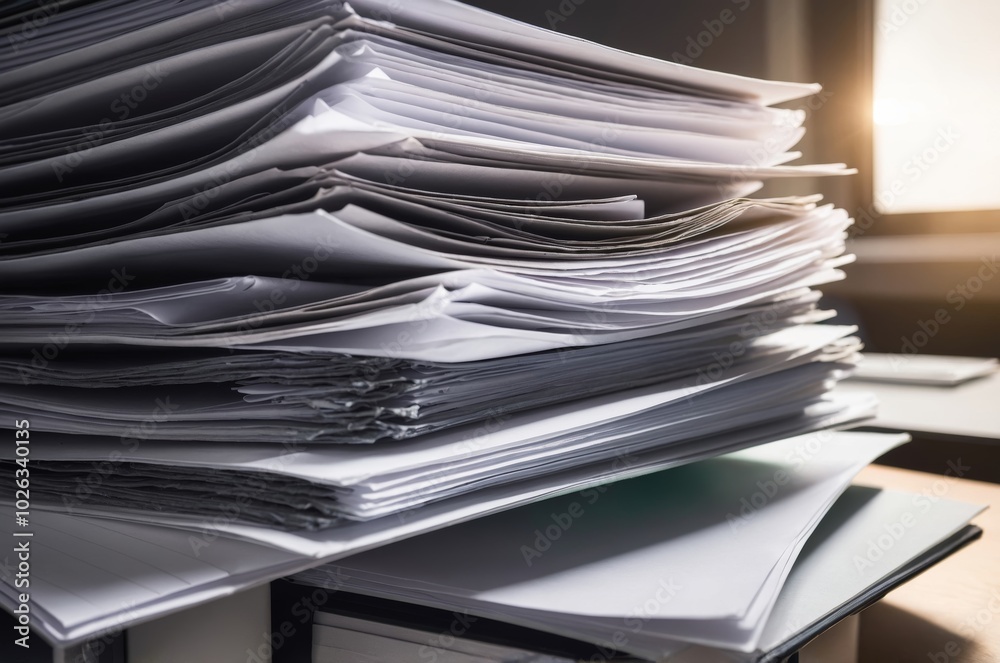 High stack of white papers organized on office desk High stack of white papers organized on office desk