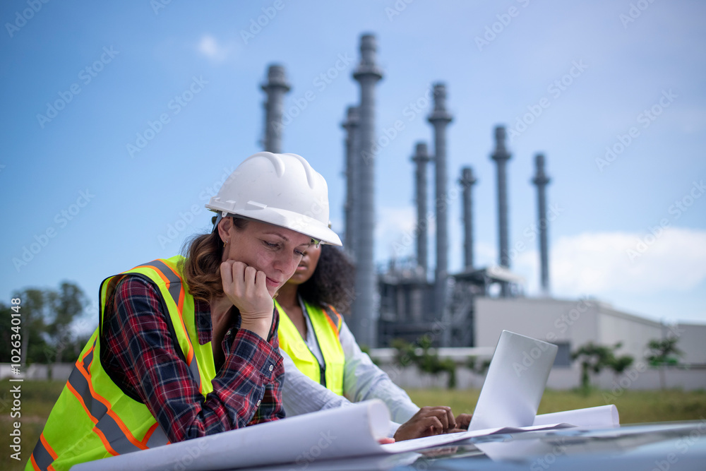 Engineers wear uniform standing near the open trunk of a vehicle hand holding blueprint paper show, survey inspection work plant site use tablet see detail of work with oil refinery background. Engineers wear uniform standing near the open trunk of a vehicle hand holding blueprint paper show, survey inspection work plant site use tablet see detail of work with oil refinery background.