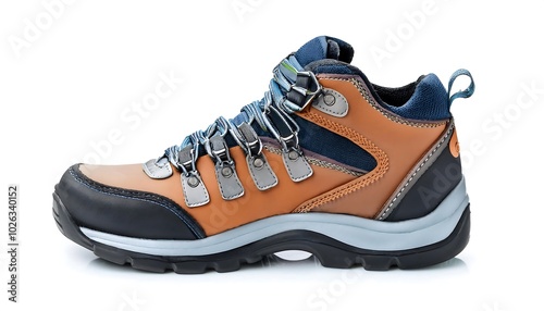 Durable Hiking Boot: Tan Leather, Blue Accents, Rugged Sole. Perfect for Adventures!