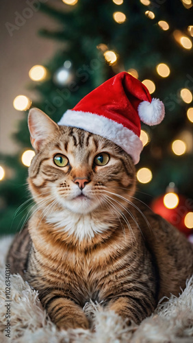 Cat in Santa Claus hat. Cat in Santa hat on blurred Christmas tree decorated home background with copy space. Modern concept for celebrating Christmas and New Year