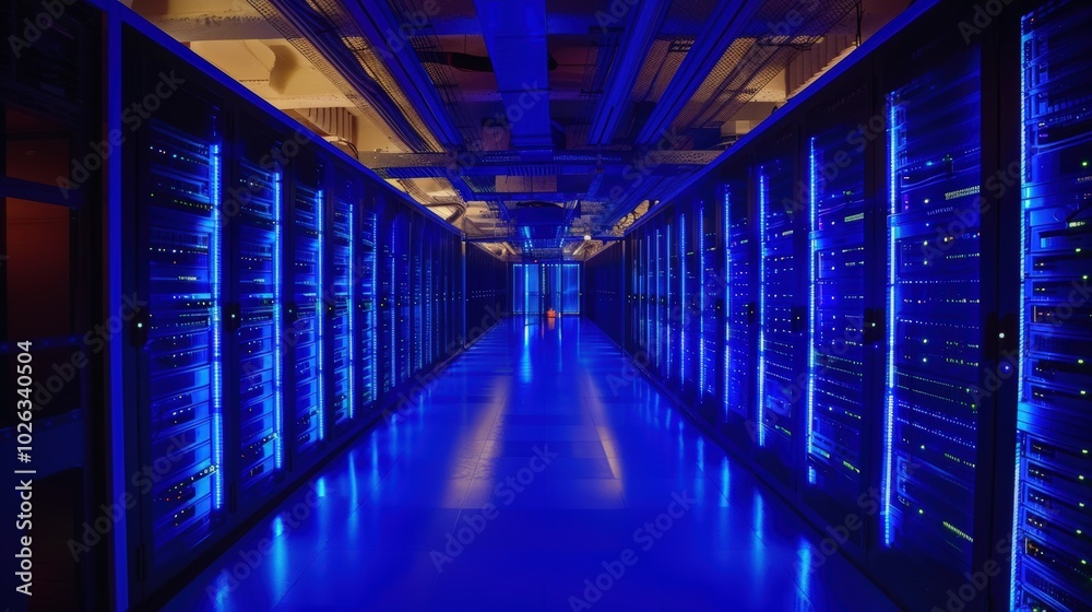 Futuristic Data Center with Blue Lighting Futuristic Data Center with Blue Lighting