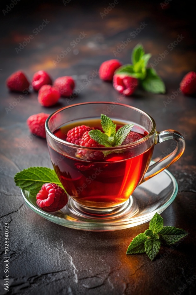 Raspberry tea in transparent glass cup Raspberry tea in transparent glass cup