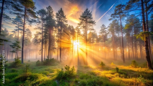 Mystical sunrise filtering through foggy forest casting dreamlike glow on foliage