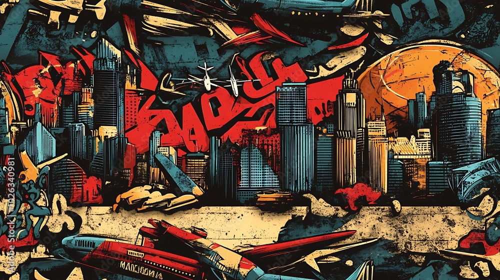 Obraz premium Graffiti-inspired pattern featuring iconic cityscapes, airplanes, and globes, surrounded by vibrant colors and glowing neon accents, spray-painted on a rough city wall,