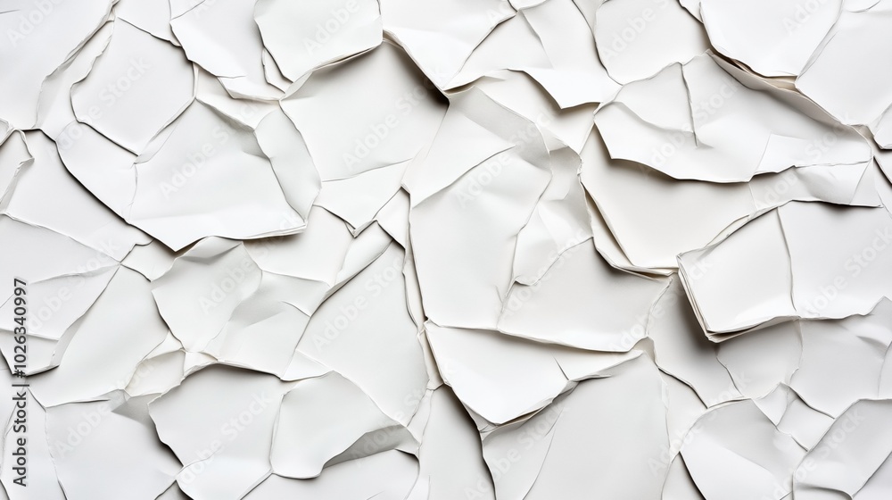Abstract image of torn and crumpled white paper pieces overlapping each other, creating a textured surface pattern. Abstract image of torn and crumpled white paper pieces overlapping each other, creating a textured surface pattern.