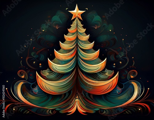 abstract amnd modern illustration of a christmas tree on a black background for a christmas greeting card photo